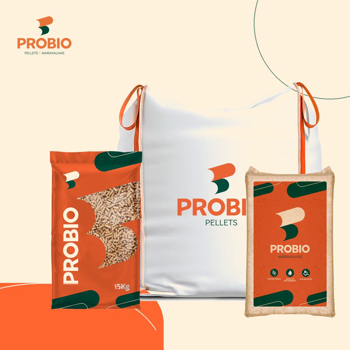 Linha completa Probio: pellets de madeira ensacado e a granel, maravalha enfardada