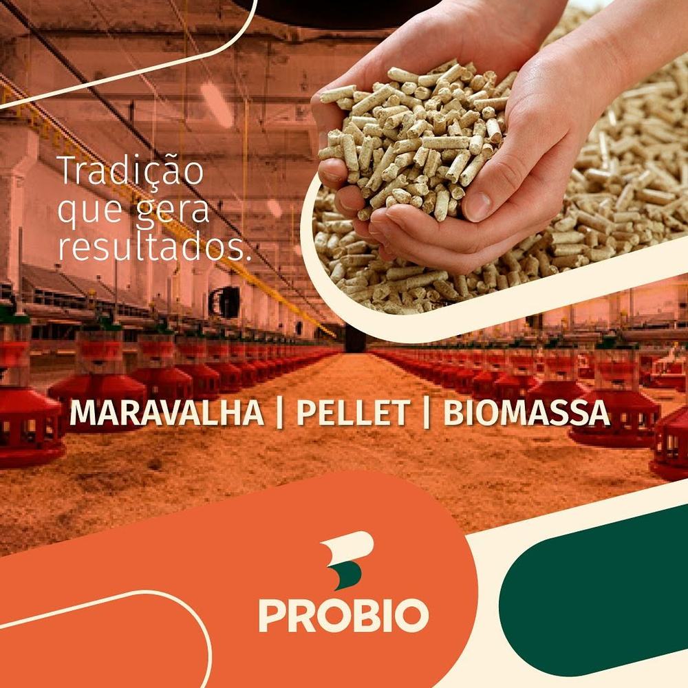 Mãos segurando pellets de madeira com aviário ao fundo, representando a tradição da Probio